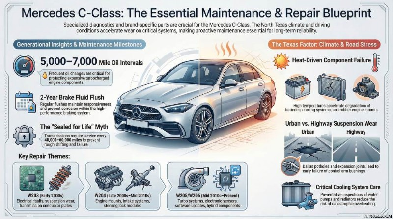 Odborné opravy Mercedes třídy C v Dallasu a Planu – důvěryhodný servis a originální díly 
